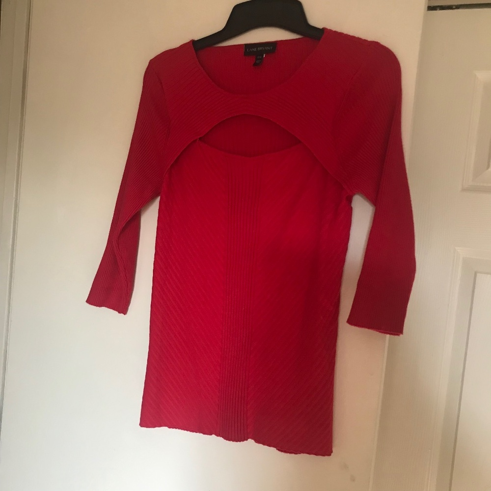 Lane Bryant Sweater 14/16 Red Ribbed Peekaboo neckline Sexy lightweight